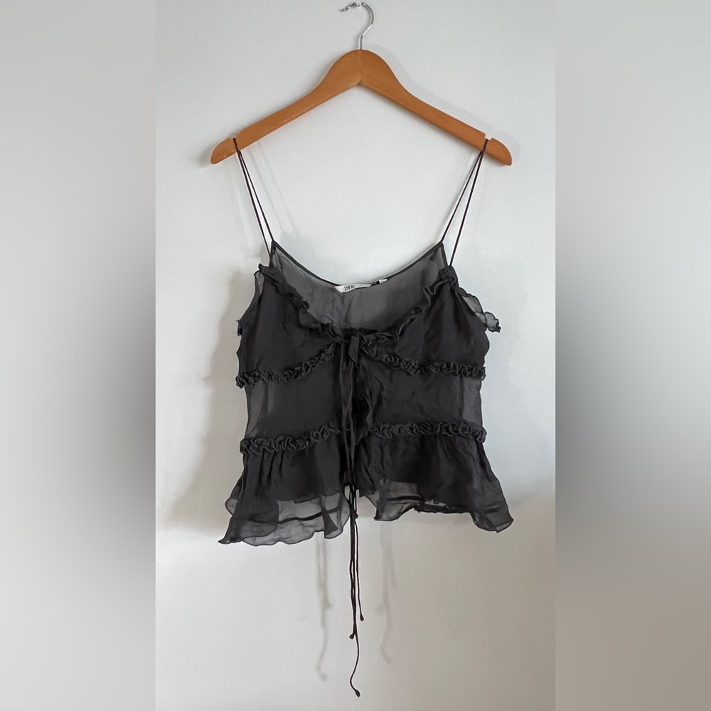 Zara Black Sheer Camisole with Ruffles and Straps